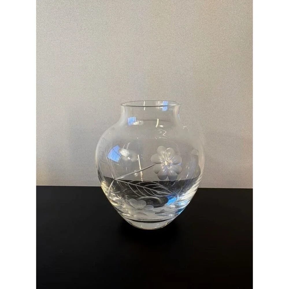 Etched Glass Rose Bowl Posy Vase Cut Floral Spray Clear Small Globe Form